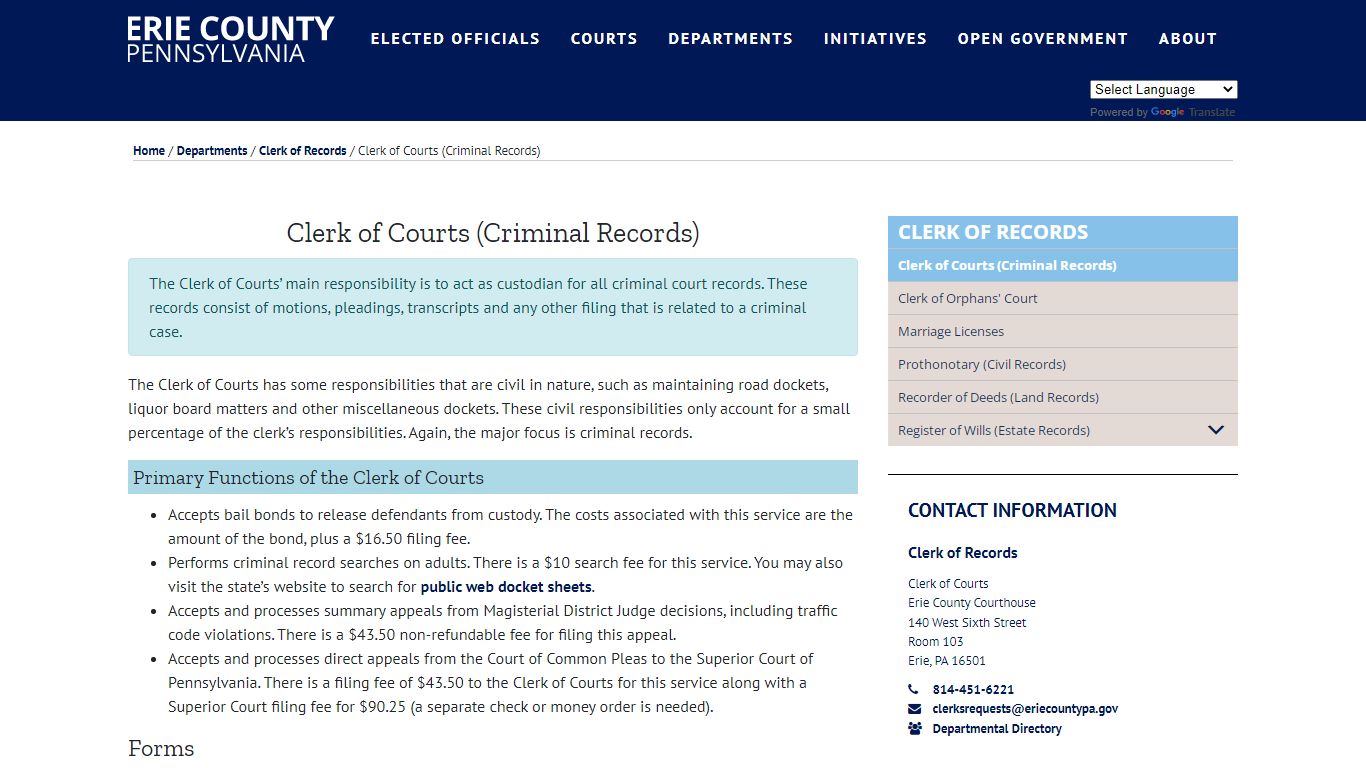Clerk of Courts (Criminal Records) - Erie County, PA